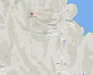Instructions with simple steps: You start from Lagia. You go south to the direction of Democratica. The road is asphalt until just before the village. There is a sign/crossing to Profitis Ilias. You go up the dirt road to a small plateau of about 510–515m. There you will find parking next to the small hill, with the chapel at the top.